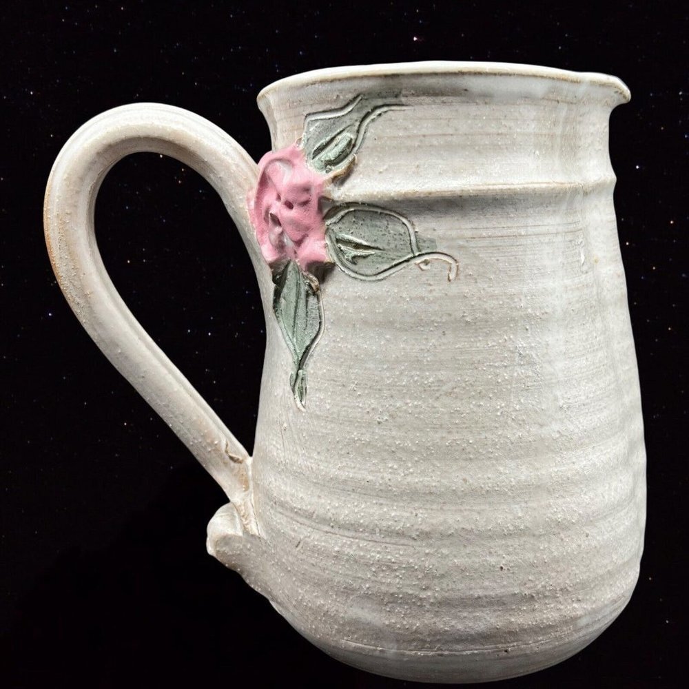 Rare Pottery Pitcher Hand Thrown Plain Ware Ringware‎ Jug Pink Flower Vintage